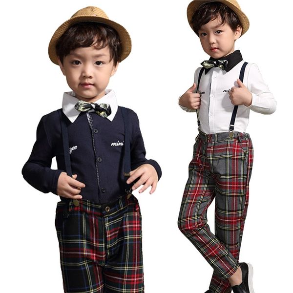

prettybaby wedding suit new kids foreign trade clothes sets baby boy fashion england style shirt plaid suspender cotton clothing set, White