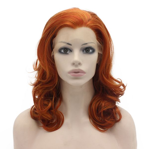 

medium long wavy reddish blonde natural lace front synthetic wig, Black