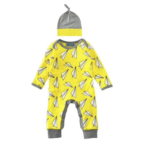 Neugeborenen Strampler Kinder Kleidung Langarm Papier Flugzeug Gedruckt Strampler Baby Jungen Mädchen Kleidung Overall Hut 2PCS Baby Outfits frühling Herbst