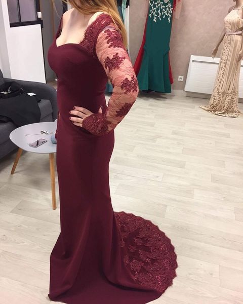 

sheer lace long sleeve evening gowns burgundy jersey straight long evening dresses back appliques with sequins party dresses vestido longo, Black;red