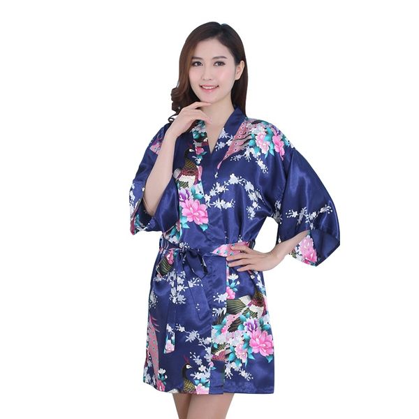 

wholesale- 2017 summer women v-neck silk kimono dressing gown bath robe peacock sleepwear babydoll lingerie nightdress t55, Black;red