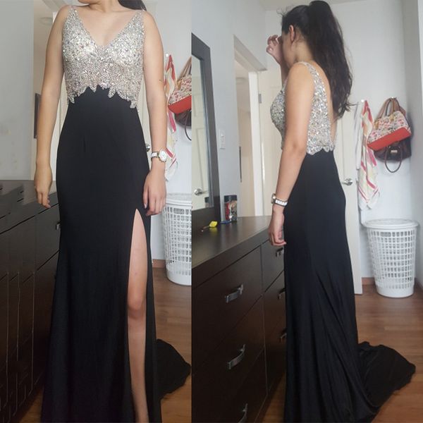 

sparkly v-neckline sheath evening dress crystal beading long prom party dreses illusion formal women black vestido de festa, Black;red