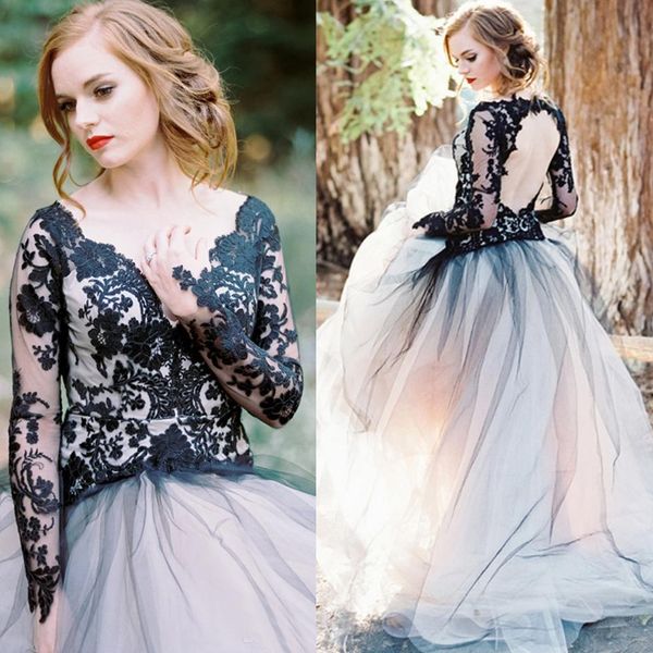 

black and white a-line illusion long sleeves lace bodice tulle skirt keyhole open back prom gowns victorian gothic evening gowns