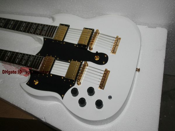 Guitarras para canhotos Branco 1275 Custom Shop Guitarra elétrica de braço duplo 6/12 cordas Ferragens douradas