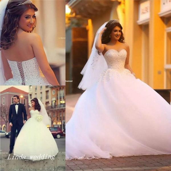 

new arrival romantic wedding dresses ball gown crystal beads sweetheart long corset dream princess bridal party gowns, White