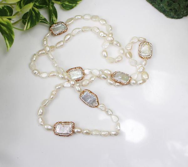 

white irregular oval freshwater pearl beads and rounded rectangle pearls paved champagne rhinestone long gorgerous necklace