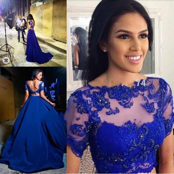 

royal blue two pieces prom party dresses backless sheer crop applique beaded long evening dress 2018 arabic women gown, Black