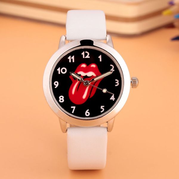 

Cartoon Beautiful girl Red tongue style Color number dial children students girl's leather quartz watch