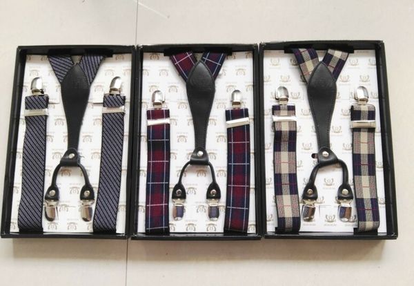 Couro genuíno Y-Back Suspender Botão For Men Tuxedo ajustável listrado impressão Sólidos clip-on chaves de metal com caixa