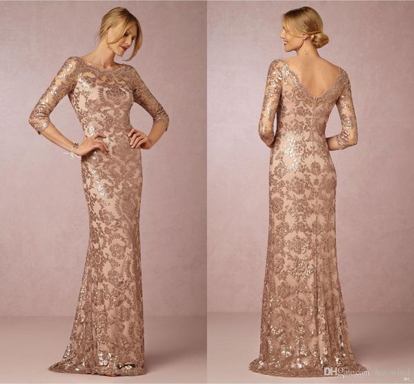 

Long Sleeves Rose Gold Mother of the Bride Groom Dresses Bateau Neck Plus Size Vintage Lace Long Formal Evening Party Wear BA0528