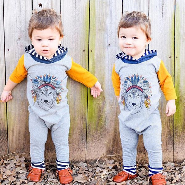 Set di vestiti per bambini Moda Primavera Autunno Neonato Ragazzi Ragazze Lupo indiano Felpa con cappuccio Pagliaccetto Tuta Abiti Abbigliamento Bambini Abbigliamento per bambini