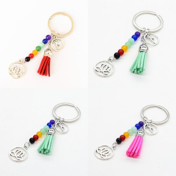

7 chakra natural stones yoga keyrings lotus pendant round keyrings red tassel charm key chains bag jewelry for woman man gift b781s, Silver