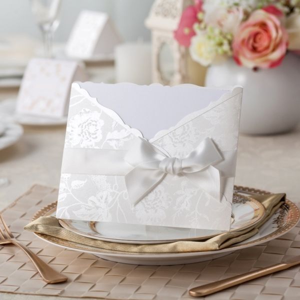 

wholesale- l9764 white wedding invitation card with white ribbon