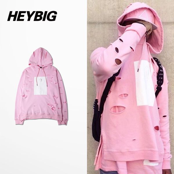 

wholesale-holes fake double layers men's pullover hoodies cherry pink hip hop rap hooded sweatshirts print tracksuits for autumn s-3xl, Black