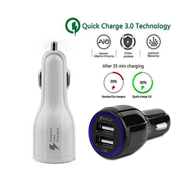 

High Quality 9V 2A 12V 1.2A QC3.0 fast car charge 3.1A Dual USB Fast Charging phone charger for Samsung Galaxy S8 with package