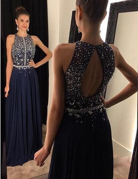 

charming black beading chiffon prom dress sleeveless halter evening dress see through backless prom dress