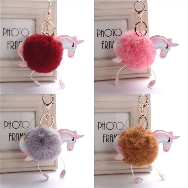 

Cute Fluffy Pompom Unicorn Keychain Artificial Rabbit Fur Ball Key Chain Bag Car Key Ring Charm Handbag Pendant Accessories Gift B764S