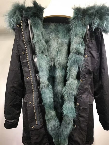 

keep warm emerald green raccoon fur trim mukla furs emerald coyote fur lining women long army green parka, Black