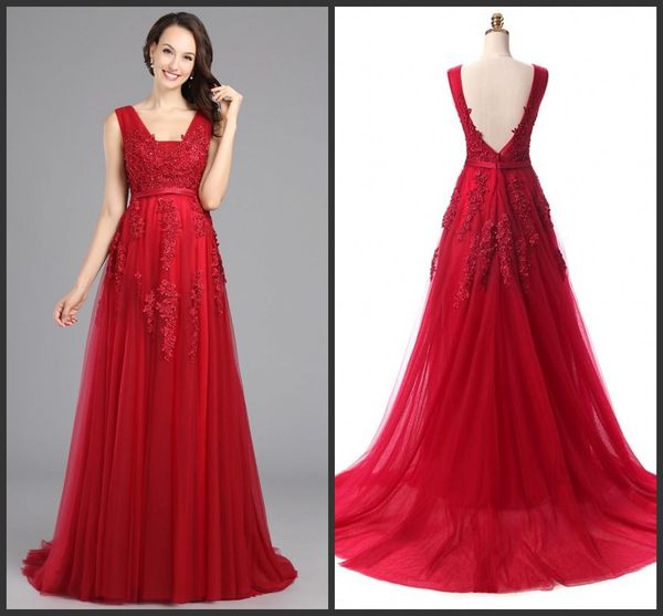 

2019 ssyfashion evening dresses the bride lace a-line v-neck sleeveless appliques prom party formal gown custom made robe de soiree 160, Black;red
