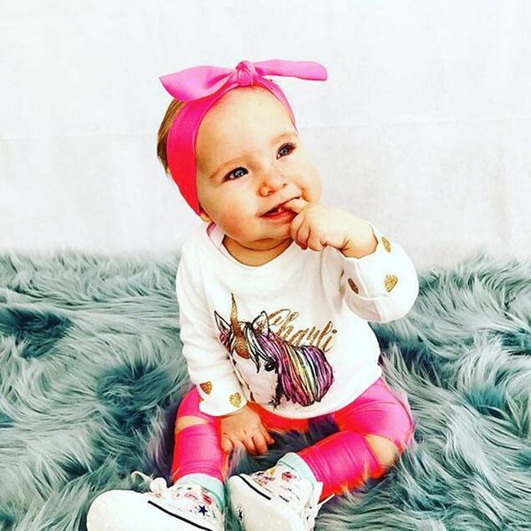 

kids clothing set unicorn +broken pants+headband girl outfits set, White
