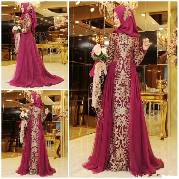 

Deep Fuchsia Muslim Kaftan Middle East Prom Dresses Long Sleeve Golden Applique Pretty Charming Floor Length Evening party Dress