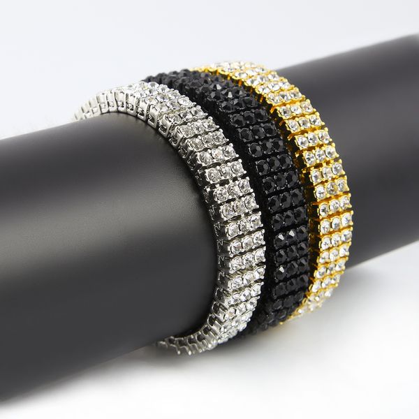 Masculino preto ouro sier acabamento 3 fileiras diamante simular pulseira 8 polegadas 12mm strass gelado hip hop bling ewelry