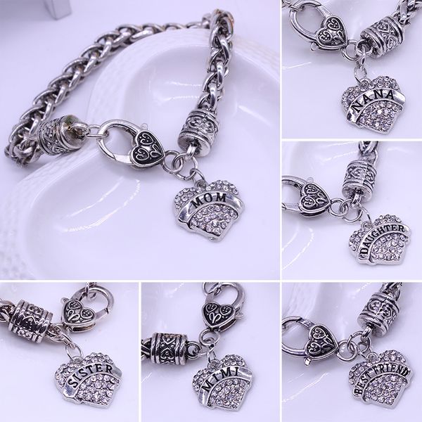 Atacado-2016 novo design mãe presente charme strass pulseira coração lenais mãe irmã nana mimi pulseiras para mulheres pulseira femme