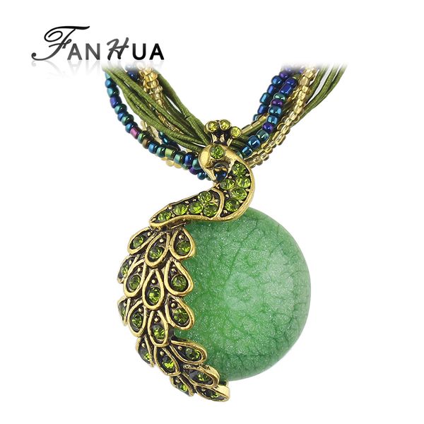 

wholesale-ethnic jewelry bohemian colorful women beads natural stone peacock pendant necklace with multilayer chain turkish jewelry, Silver