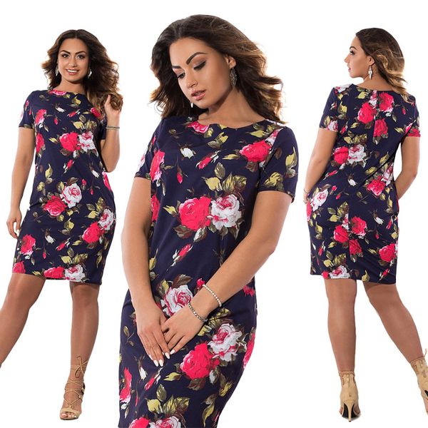

women's plus size l-6xl dress short sleeve flower printed women's party dress fashion elegant prnted bodycon dress, Black;pink