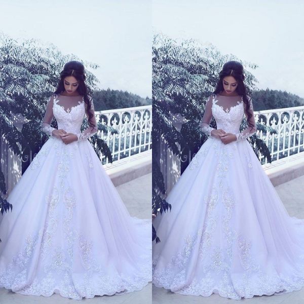 

2017 winter arabic dubai sheer beck illusion long sleeve wedding dresses modest satin lace appliqued bridal gowns custom made en8259, White