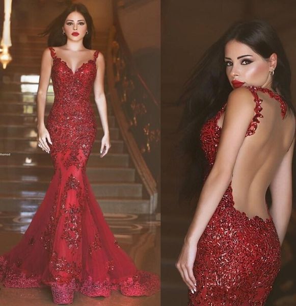 2016 New Burgundy Illusion Back Mermaid Prom Dresses Red Arabic Long