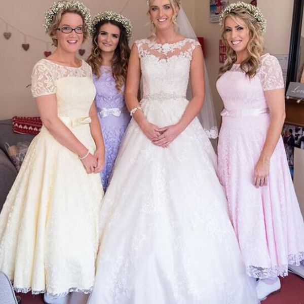 

vintage lace bridesmaids dresses ankle length sheer neck short sleeves lilac lavender light yellow pink bridesmaid dress with bow sash, White;pink