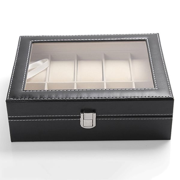 

wholesale-10 slots organizer case faux leather storage holder wrist watch display box, Black;blue