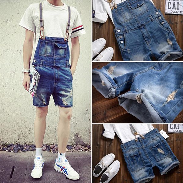 

wholesale-suspenders jeans male jumpsuits male denim overalls men shorts trousers brand pants summer bib knee length hole ripped jeans, Blue