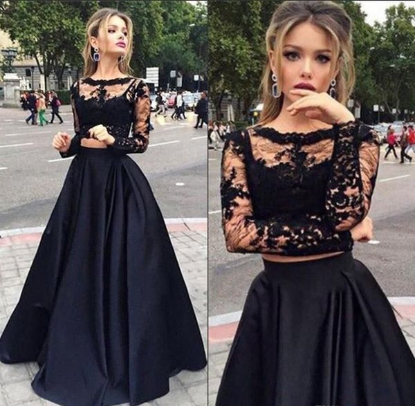 Two Piece Prom Dresses Black Lace Crop Top Illusion Long Sleeve