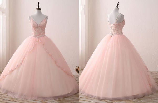 

2023 v neck blush applique lace with champagne satin quinceanera dress ball gowns prom with straps beaded corset back sweet 15 girls party, Blue;red