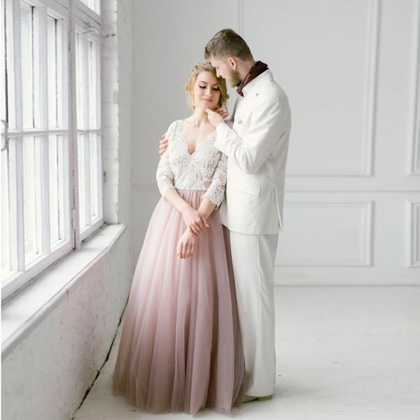 

2020 bohemian beach wedding dresses v-neck backless three quarters sleeves floor length lace boho bridal gowns vestido de novia, White