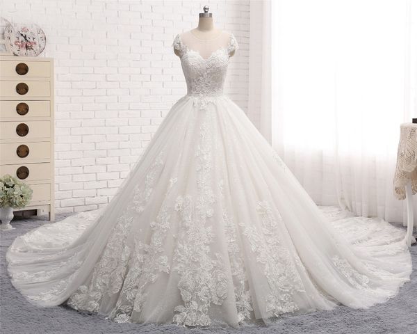 

vestido de noiva long wedding dresses scoop cap sleeve ball gown chapel train beaded lace tulle bride dresses casamento, White