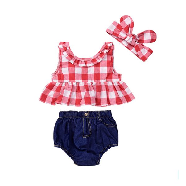 

3pcs toddler kids clothes 2017 summer red plaid skirted t-shirt +denim shorts bloomers headband outfit children, White