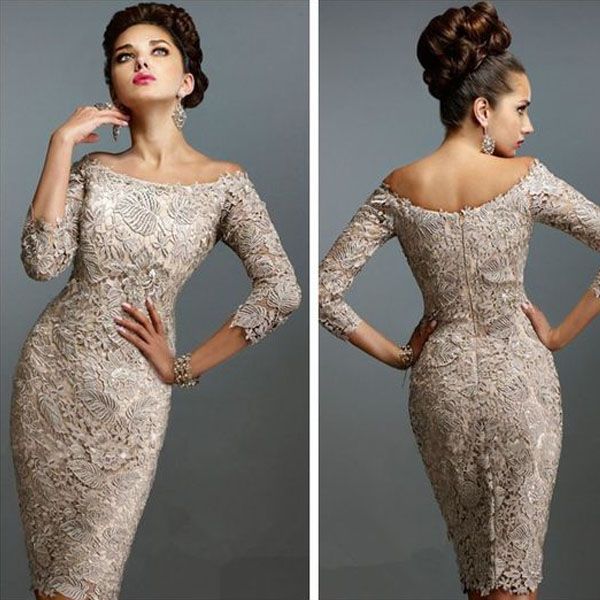 

full lace short mother bride dresses illusion 3/4 sleeves bateau neck zipper back inexpensive formal cocktail party gowns custom, Black;red