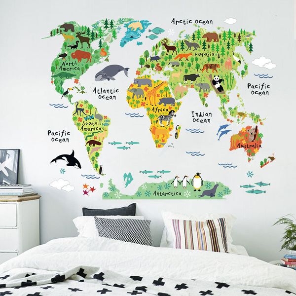 60x90 cm Bonito Engraçado Animal Adesivos De Parede para Quartos de Crianças Sala de estar Decoração de Casa Mapa Do Mundo Decoração Da Parede Mural Art