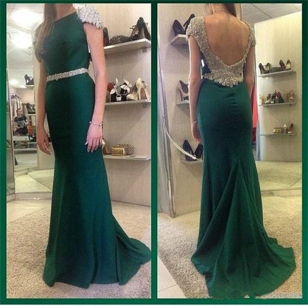 

2019 Exquisite Crystal Beading Cap Sleeves Evening Dresses Bateau Neck Sash Sweep Trains Mermaid Formal Dresses Mother Brides Dresses