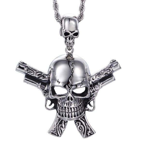 

large casting silver 316l stainless steel biker skeleton skull double pistol pendants gothic necklace men's cool jewelry gifts