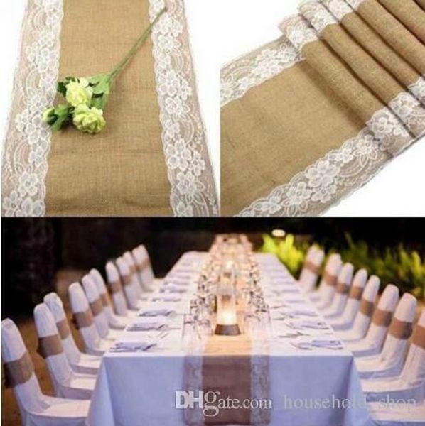 Vintage Burlap Lace Table Runner Jute Tablecloth Wedding Decor
