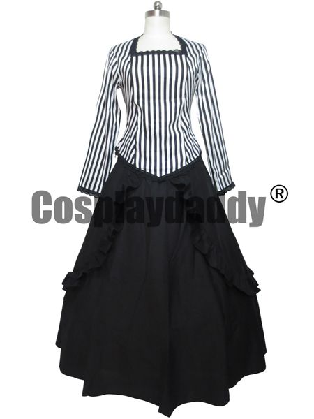 İç Savaşı Victorian Siyah Beyaz Stripes Reenactment Sahne Lolita Elbise Cosplay Kostüm H008