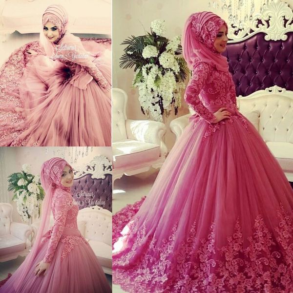 

2018 мусульманские свадебные платья с длинными рукавами высокая шея кружева аппликация исламская свадебное платье развертки поезд старинные, White