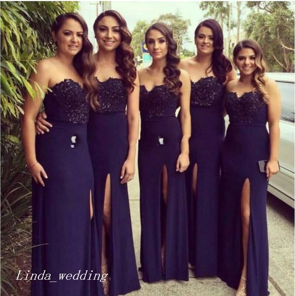 

navy blue long bridesmaid dress side slit chiffon lace women wear formal maid of honor dress for wedding party gown, White;pink
