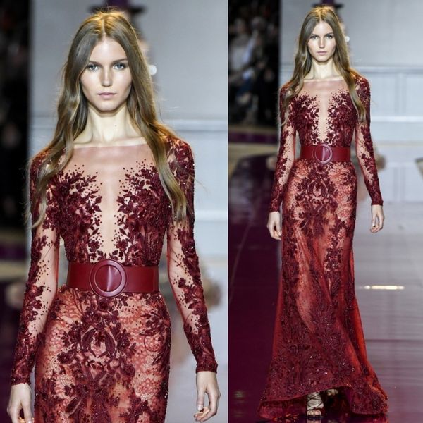 

2017 zuhair murad бисер русалка вечерние платья с длинным рукавом полный кружева аппликация труба пром платья sheer шеи развертки поезд крас, Black;red