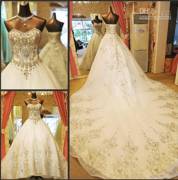 

ball princess sweetheart 2017 luxurious wedding dresses with rhinestone organza sweep train royal lace-up wedding gown bridal dressss yo13, White