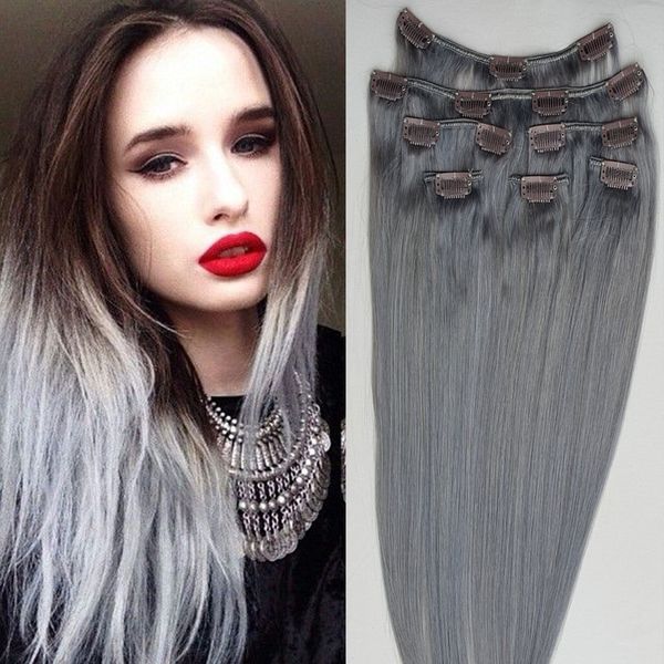

8a grade 7pcs 16 clips grey color straight brazilian human hair clip in hair extensions 120grams ing, Black;brown